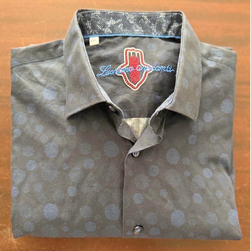 Luchiano Visconti | navy blue geo pattern print button down shirt | XXL